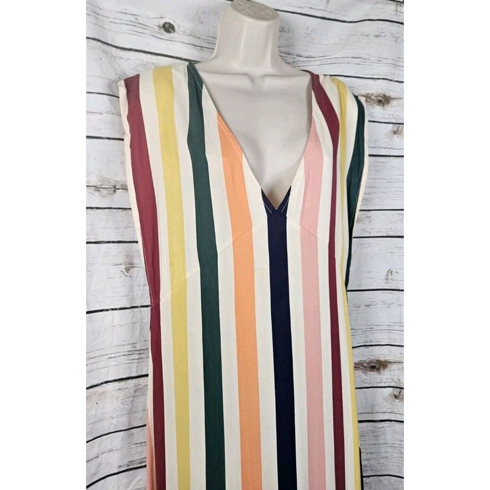 Tularosa Multi Rainbow Striped Dress M Midi Cap Sleeve Long V-neck Rayon - Picture 2 of 7